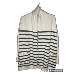 J CREW Striped Cardigan Sweater Cream Navy Open Front Women's Size Medium M USED